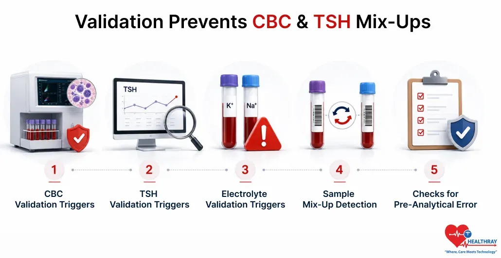 Hospital lab software uses validation rules to prevent CBC and TSH mix-ups, detect sample errors, and improve laboratory result accuracy before reporting.