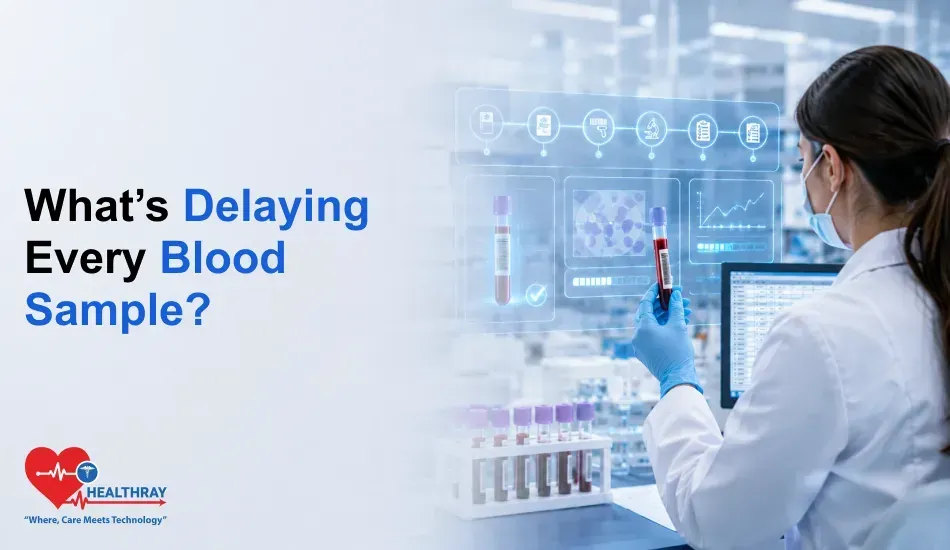 Presentation cover titled "What's Delaying Every Blood Sample?" featuring a laboratory professional holding a blood sample tube in a modern diagnostic lab with digital workflow graphics