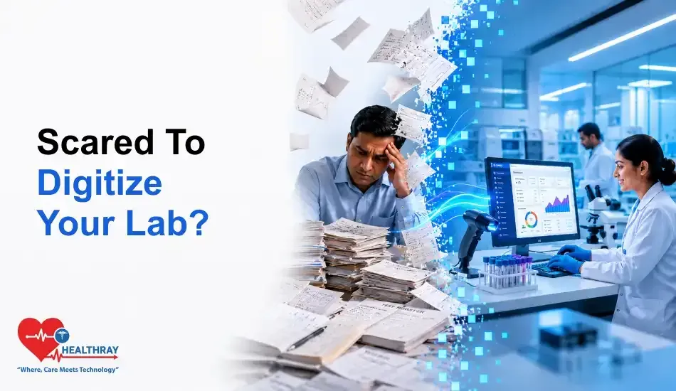 Laboratory digital transformation concept showing an overwhelmed scientist handling paperwork on one side and an advanced AI-powered smart lab with real-time analytics, automation, and digital health data systems on the other