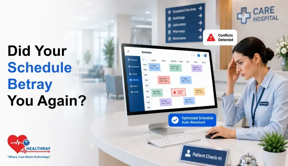 Clinic receptionist holds her head in frustration while staring at a scheduling screen showing multiple staff conflicts detected.