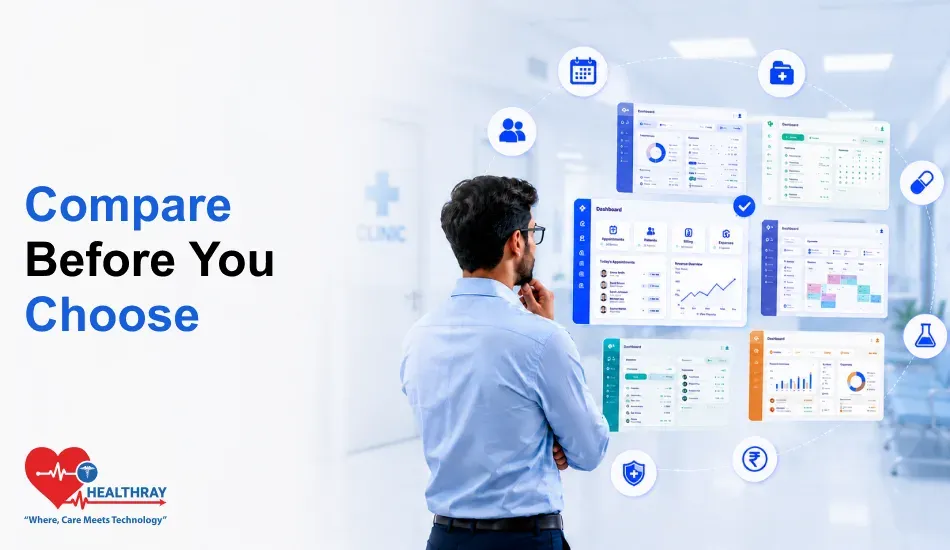 Comparison of the top 10 clinic management software solutions in India, ranked and displayed with their company logos in a modern infographic layout.