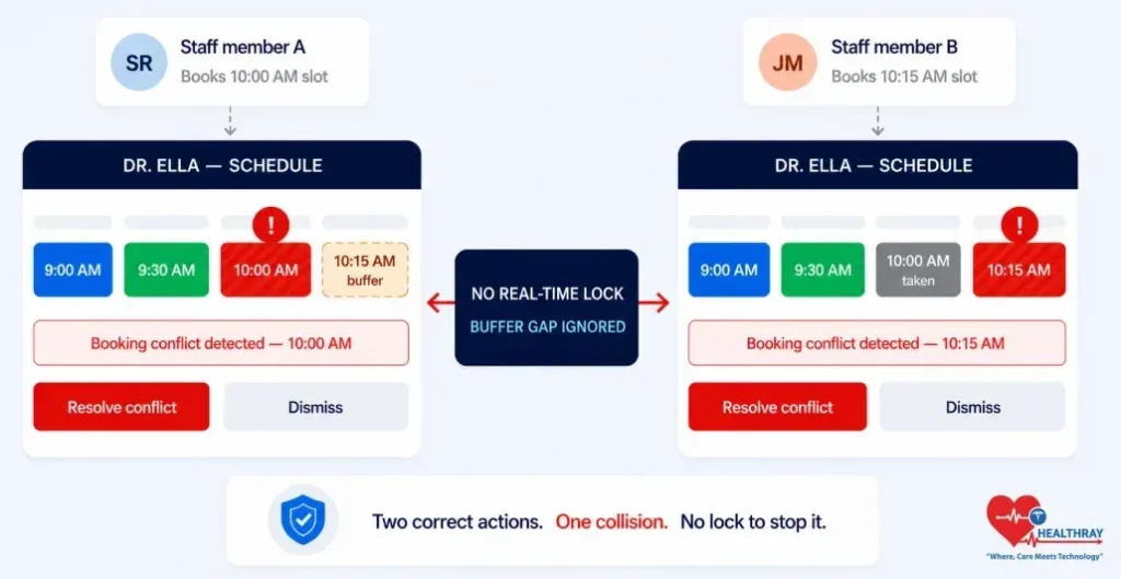 Two staff members book Dr Ella at overlapping times, triggering red conflict alerts on both scheduling screens.