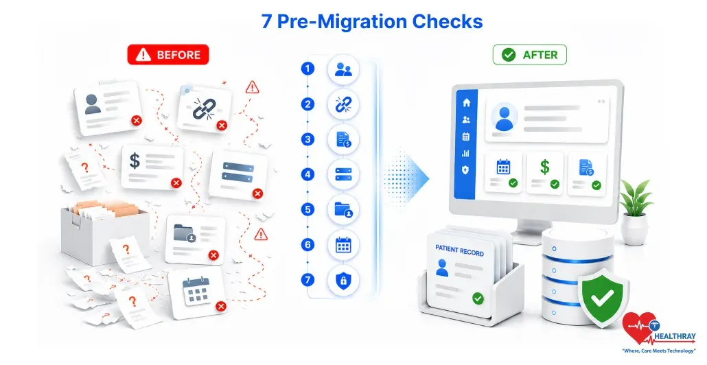 Clinic data migration process illustrating seven essential checks for accurate, secure, and successful data transfer.