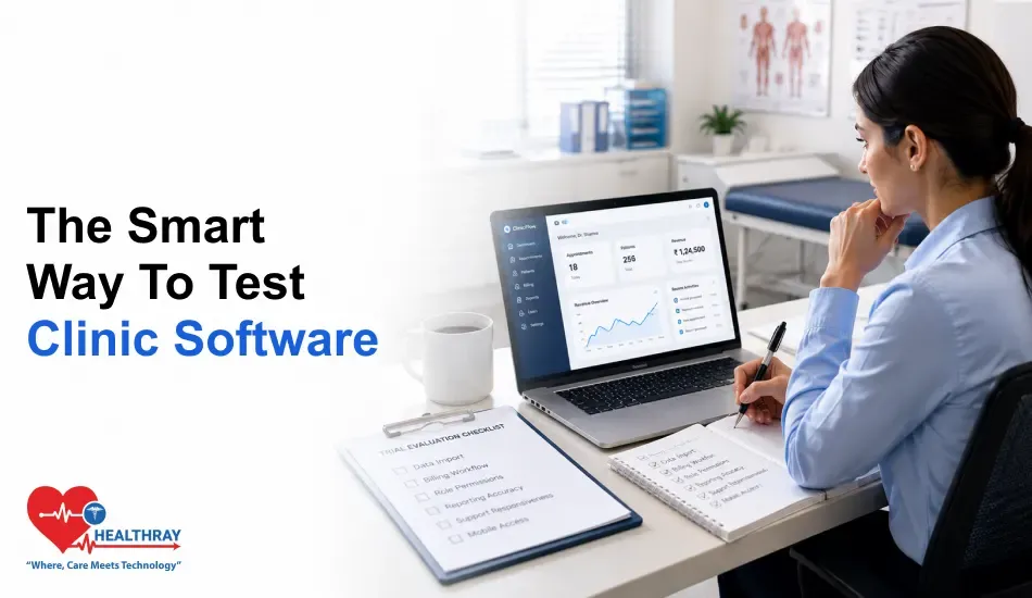 Healthcare professional reviewing clinic management software on a laptop while using a trial evaluation checklist to assess key features and performance.