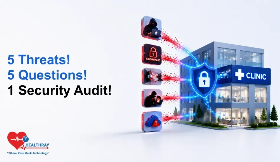Cloud clinic software security concept showing a healthcare building protected by a digital shield against cyber threats like cyberattacks, hacking, and malware.