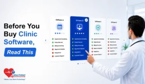 Doctor comparing features, pricing, and capabilities of different clinic management software solutions before making a purchase decision.