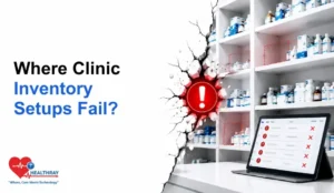 Clinic inventory shelves with stock gaps, a warning icon, and a tablet displaying inventory alerts under the heading "Where Clinic Inventory Setups Fail?"