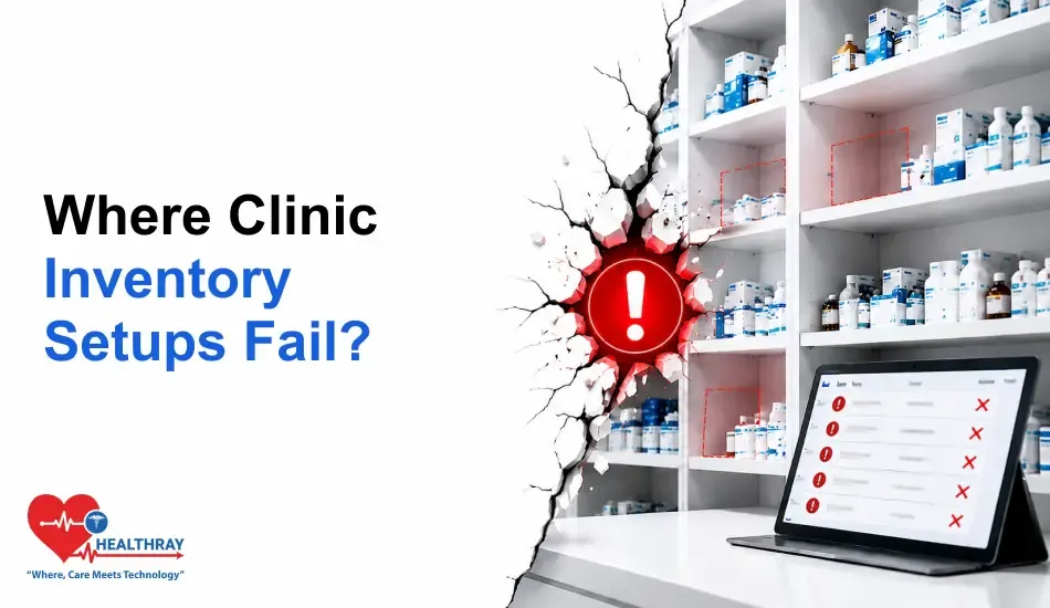 Clinic inventory shelves with stock gaps, a warning icon, and a tablet displaying inventory alerts under the heading "Where Clinic Inventory Setups Fail?"