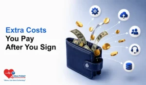 Hidden factors that increase clinic software total cost after signing, including implementation, cloud services, user licenses, support, and data management expenses.
