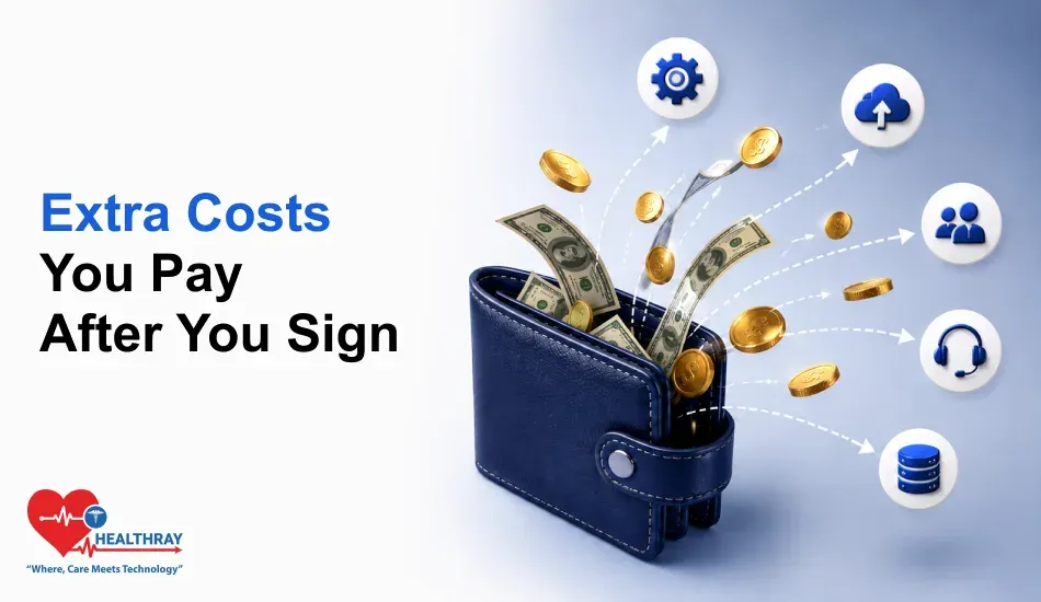 Hidden factors that increase clinic software total cost after signing, including implementation, cloud services, user licenses, support, and data management expenses.