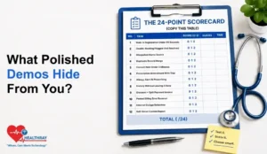 A clipboard displaying the 24-point clinic software usability scorecard with 12 tasks each scored 0-2, alongside a stethoscope, pen, and a sticky note reading 'Test it. Score it. Choose smart.’