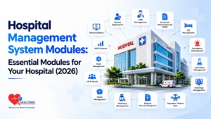 Hospital Management System Modules – 15 essential HMS modules for hospital operations, including patient registration, EMR, OPD, IPD, billing, pharmacy and laboratory management.